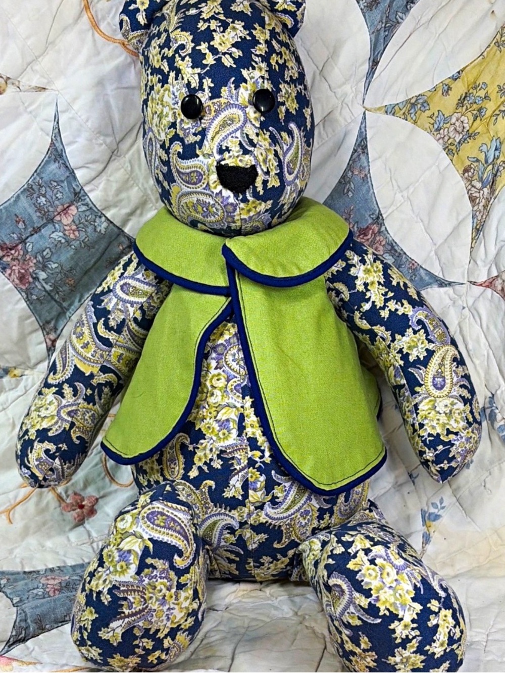 Vtg Handmade Paisley Calico Fabric Teddy Bear Plush Vest Folk Art Memory Bear